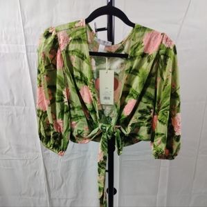 Aguabendita Women 2XL Green Cotton Floral Crop Top NWT